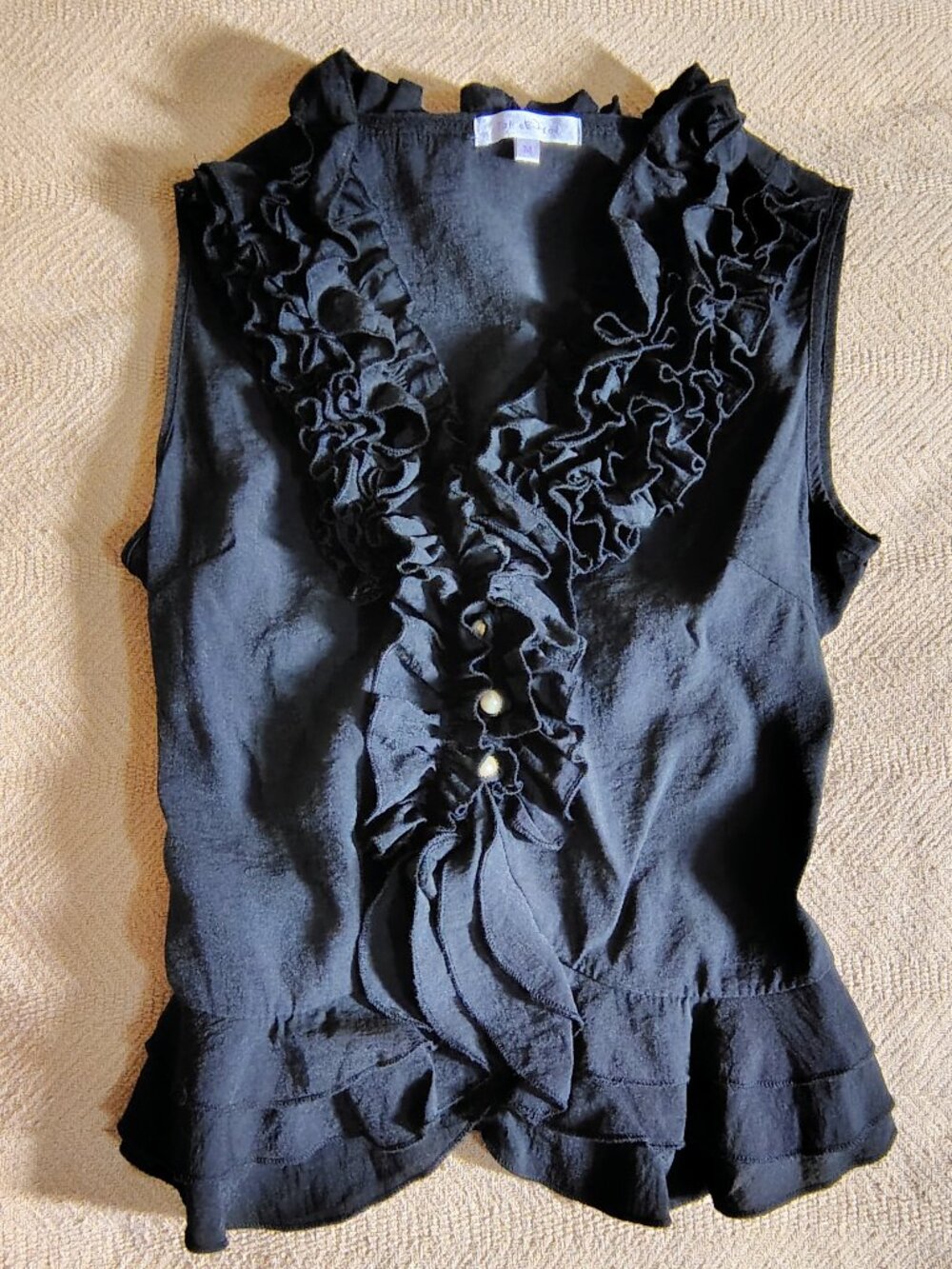 New! Toi Et Moi 100% Cotton Black Sleeveless Raffle Blouse Top Size M